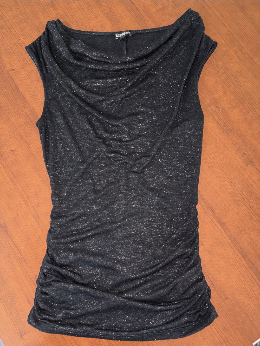 Express‎ Black Shimmer Cowl-Neck Tank with Side Ruching